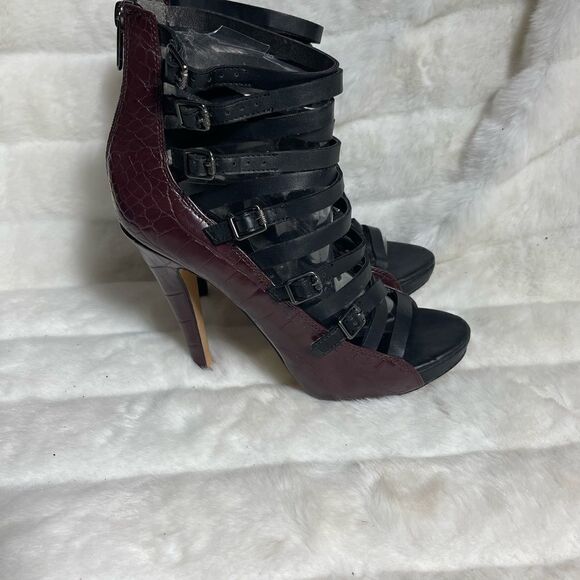 Circus By Sam Edelman Lennox burgundy crocs prints & black gladiator heels SZ8.5 - Picture 2 of 12